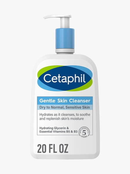 Cetaphil Gentle Cleanser Skin white pump bottle with blue accents on light gray background
